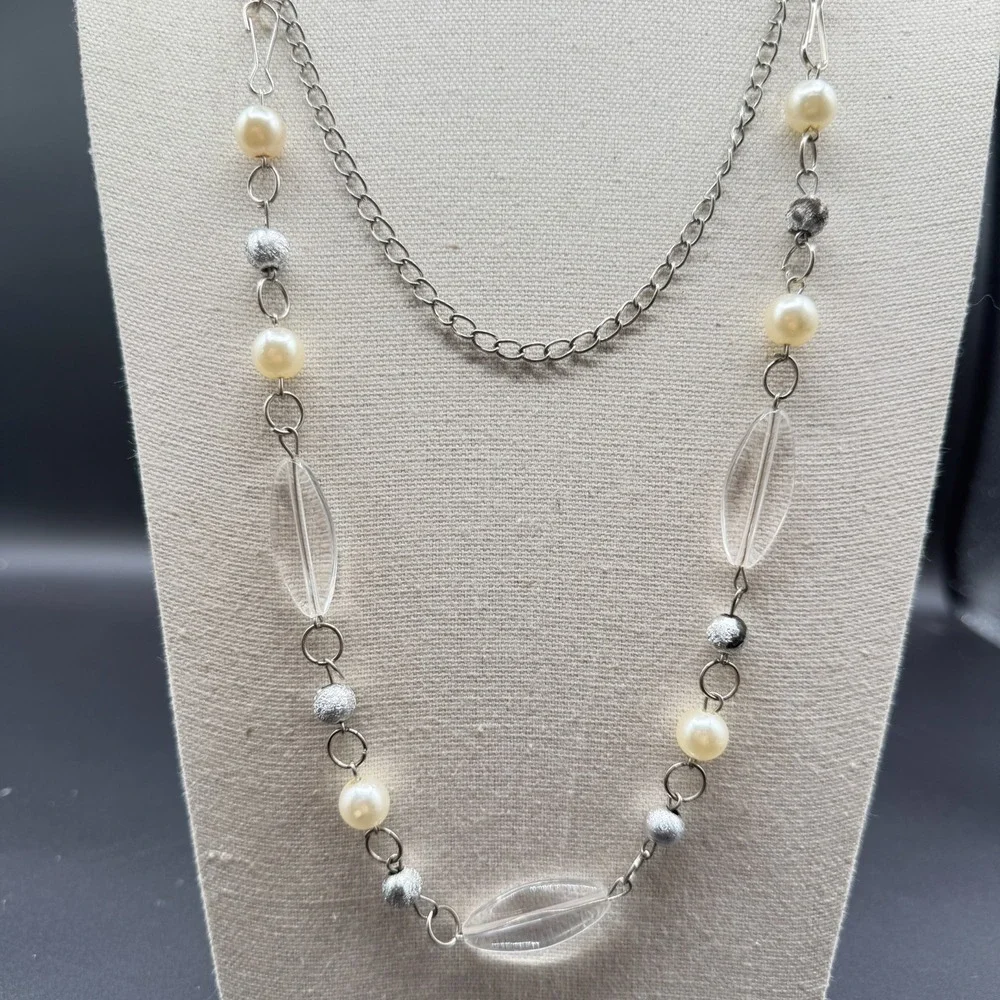 Silver Tone Faux Pearl Clear Bead Long Layering Necklace Y2K Boho Statement